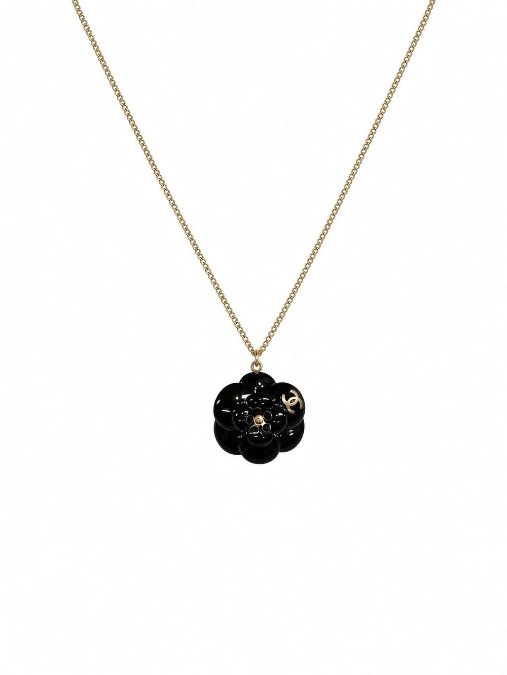CHANEL Black Camellia Pendant Necklace with Gold Chain